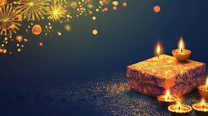 Canvas Print - Abstract clipart of a Diwali gift box on the right, surrounded by softly glowing diyas and gold sparkles, with vibrant patterns. Background: isolated 