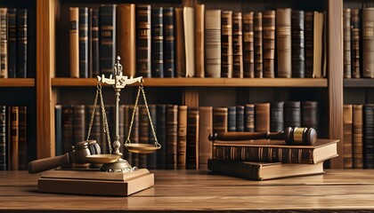 Timeless legal office ambiance featuring a balance scale, gavel, and law books atop an elegant wooden desk