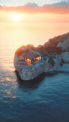 Poster - Modern house perched on a cliff overlooking the ocean at sunset.