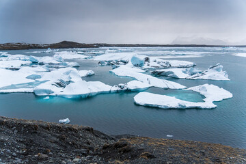 Beautiful Iceland winter season natural landscape over Vatnajokull  glacier  Fjallsarlon iceberg lagoon South of Iceland