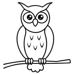 Wall Mural - Minimalist Owl Line Art Perched on Branch, Forward Gaze Vector