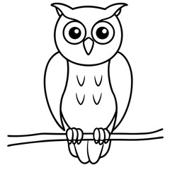 Wall Mural - Minimalist Owl Line Art Perched on Branch, Forward Gaze Vector