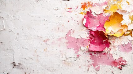 A white background with a pink and yellow flower on it. The flower is made of paint and has a messy appearance