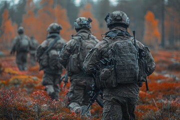 Special forces soldiers conduct tactical training exercises in a forest during autumn