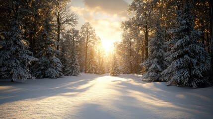 Leinwandbilder - A snowy forest with a sun shining through the trees. The sun is casting a warm glow on the snow and trees, creating a peaceful and serene atmosphere