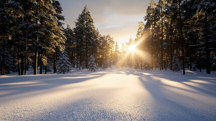 Leinwandbilder - A snowy field with trees in the background and a sun shining through the trees. The sun is casting a shadow on the snow
