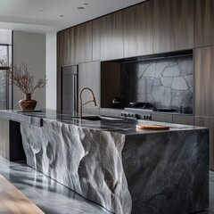 Poster - Modern kitchen with a large, unique, dark marble island countertop.