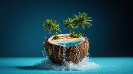 Aufkleber - A coconut with a small pool of water inside of it. The water is splashing out of the coconut and onto the blue background