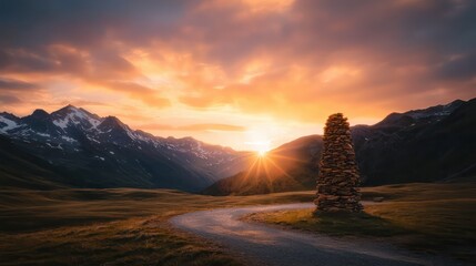 Poster - A mountain range is in the background with a sun shining on a stone structure. The sun is setting, creating a warm and peaceful atmosphere