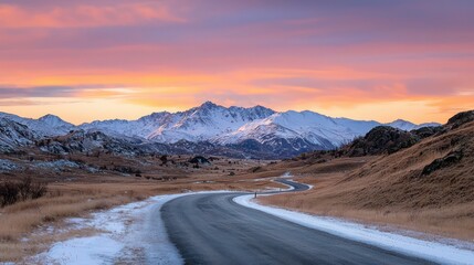 Aufkleber - A road with a mountain in the background. The sky is orange and pink. The road is empty