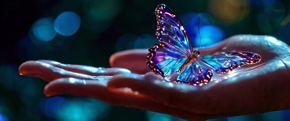 A stunning digital butterfly with vivid blue and purple wings rests delicately on an outstretched hand. The bokeh effect in the background enhances the enchanting atmosphere, evoking a sense of wonder