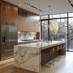 Poster - Modern kitchen with large island, stainless steel appliances, marble countertop, wooden cabinets, and hardwood floors.