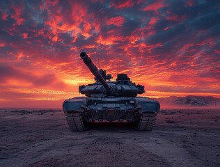 M field tank in green and black camouflage against a vibrant sunset sky