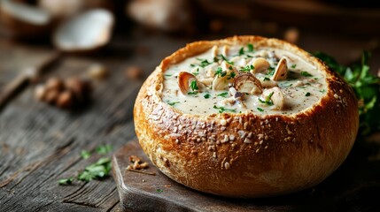 Wall Mural - Creamy clam chowder nestled in a freshly baked bread bowl garnished with herbs