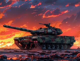 M main battle tank positioned against a vibrant sunset near rocky terrain