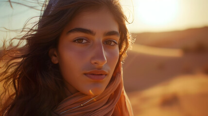 Cinematic still of a woman with long hair standing in sand with a environment of sadness