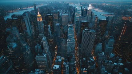 Wall Mural - aerial view of a bustling metropolis at twilight skyscrapers pierce the sky as city lights begin to twinkle creating a tapestry of urban energy and ambition