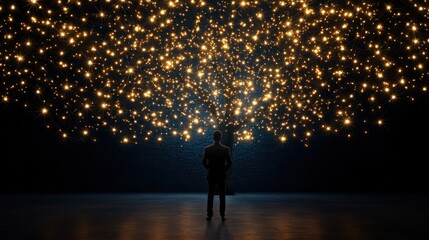Poster - A man stands in front of a glowing tree of stars. The scene is dark and mysterious, with the man looking up at the glowing lights. Scene is one of wonder and awe