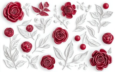 Wall Mural - Set of watercolor flowers, leaves, and branches of roses collection on white background including red, burgundy, and blue.