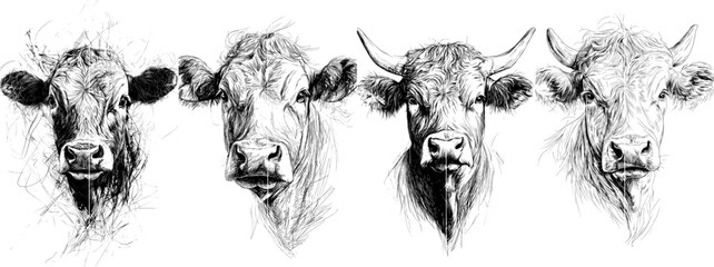 Wall Mural - Isolated on white background, black graphic sketch of horned cow portrait. Modern illustration.