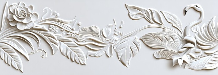 Wall Mural - An exotic collection with flamingos, gold, flowers, and tropical leaves isolated on white background.