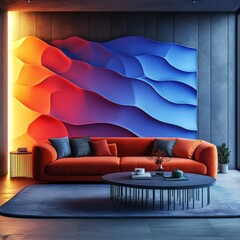 Canvas Print - Modern living room with a colorful abstract wall art, a comfortable orange couch, a round coffee table, and a plant.