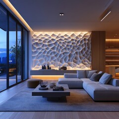 Wall Mural - Modern living room with a geometric wall design, a white sofa, and a coffee table with glasses.