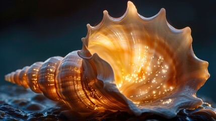 Wall Mural - A seashell with a glowing interior, reflecting light, on a dark background.