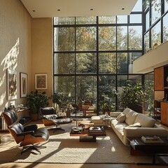 Canvas Print - Modern living room with large windows overlooking a lush garden.