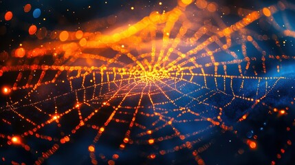 Spider web covered in dew drops glowing on blue background