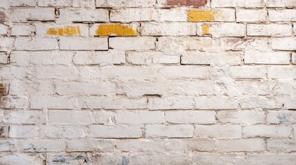 A white brick wall with yellow paint on it. The wall is dirty and has a rough texture