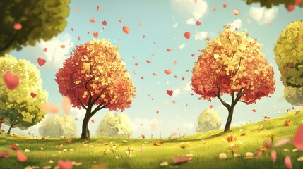 Wall Mural - Enchanting Autumn Landscape with Vibrant Heart-Shaped Leaves