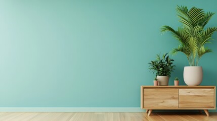 A large wall with a green color and a wooden cabinet with two potted plants on it. The room has a clean and simple design, giving it a calm and peaceful atmosphere