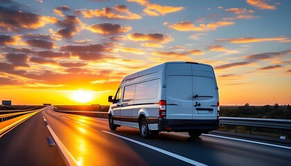 White delivery van cruising along the highway with a stunning sunset backdrop