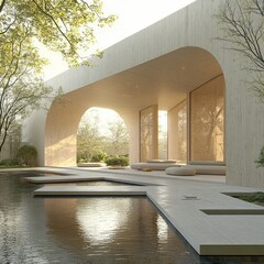 Sticker - Modern minimalist architecture with a reflecting pool and lush greenery.