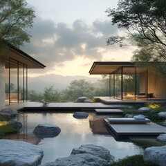 Poster - Modern minimalist house with a pond and large windows overlooking a mountain range at sunset.