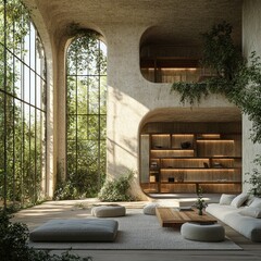 Sticker - Modern minimalist living room with large windows, wooden furniture and plants.