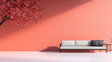 Canvas Print - White couch with black pillows against a coral wall