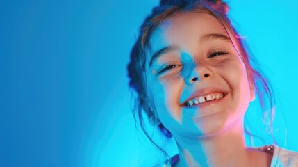 A happy young girl with a bright smile on a blue background