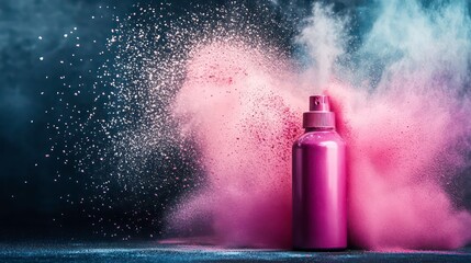 Wall Mural - Pink and white powder explosion around a spray bottle on a black background.