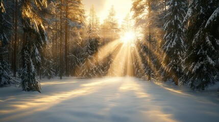 Leinwandbilder - A bright sun shines through the trees, casting a warm glow on the snow-covered ground. The scene is peaceful and serene, with the sun's rays creating a beautiful contrast against the white snow