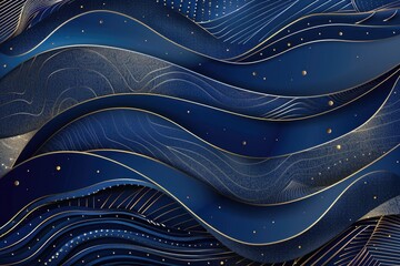 Wall Mural - A serene ocean scene with blue and gold hues, featuring waves and stars