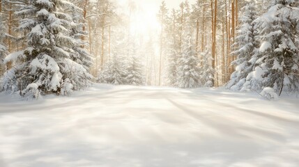 Leinwandbilder - A snowy forest with a road in the middle. The road is empty and the trees are bare. The snow is deep and the sun is shining through the trees