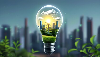 Wall Mural - Illuminated Light Bulb Containing Conceptual Eco-Friendly Cityscape Symbolizing Sustainable Energy and Green Living