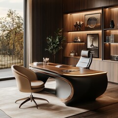 Poster - Modern office interior design with a large wooden desk, two chairs, and a bookcase.