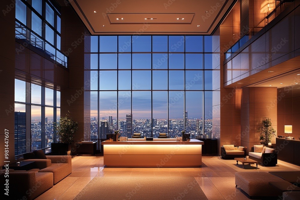 Luxurious Modern Reception Desk in High-Rise Building with Panoramic City View, Office Lobby Interior Design Concept, Elegant Business Space with Sunset Skyline, Premium Hospitality Atmosphere
