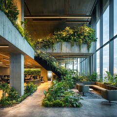 Poster - Modern office interior with lush greenery and large windows.