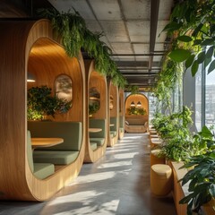 Canvas Print - Modern office interior with wooden booths, green plants, and natural light.