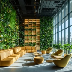 Poster - Modern office lounge with a large green wall, yellow sofas, and a large window.