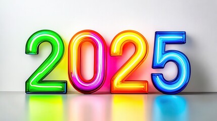 Wall Mural - Colorful neon sign showing year 2025 against a white wall